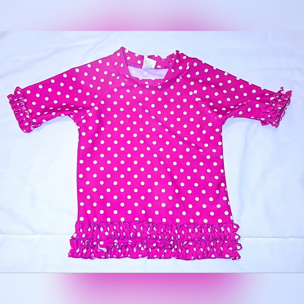 Ruffle Butts Swim Shirt Rash Guard Size 12-18 Months Pink With White Polka Dots